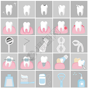 牙线使用牙科图标设置 单颗牙齿的牙齿健康 牙龈疾病 牙齿对齐和修复 牙科工具和口腔护理插画