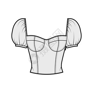 以浮肿的肩膀 模塑杯和贴近体合身的顶级技术时装插图袖子脖子小样服装设计球衣女士女孩女性棉布设计图片