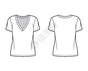 V领T恤棉衫T恤技术时装插图 包括穿排V颈 短袖 外裤长度 尺寸过大纺织品计算机棉布裙子草图脖子服装身体女士袖子设计图片