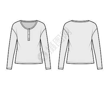 T恤长袖古典男子风格的棉花球衣顶级技术时装插图 用长袖 勺子Henley领颈衬衫绘制设计图片
