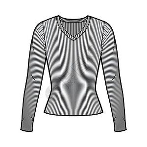 女式羊毛衫穿着长袖和贴近形状的短袖 穿V型紧身毛衣技术时装插图衬衫设计小样计算机裙子草图女孩针织品男性脖子插画