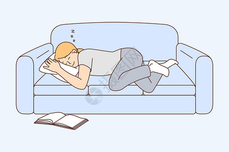 在沙发上小憩睡在沙发上的年轻女人读者卡通片女孩睡觉闲暇长椅梦想家小憩绘画插图插画