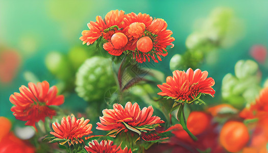 数字艺术背景新鲜花卉与菊花红色和橙色 充满活力的叶子盆花盆栽花园橙花图案花瓣植物线条妈妈们绿色背景图片