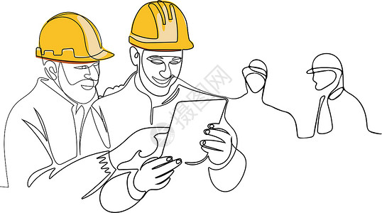 工程师卡通施工经理和工程师在工作厨师项目劳动头盔人士画线工人合伙讨论单线设计图片