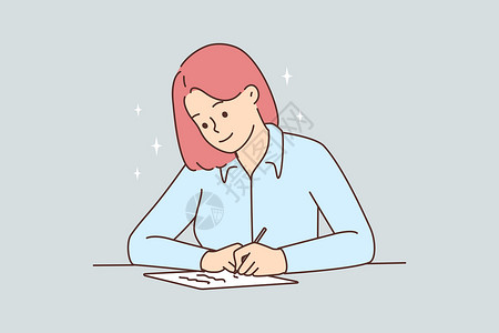手写日记微笑的女人坐在书写桌上秘书日记插图学习者文书女性专家办公室青少年人士设计图片