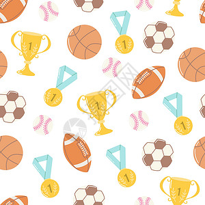 运动用球 奖牌和奖杯 篮球 棒球 橄榄球和足球 白色背景上的矢量无缝模式背景图片