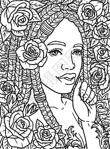 美丽的成人带玫瑰的非洲裔美洲女孩彩色页面插画