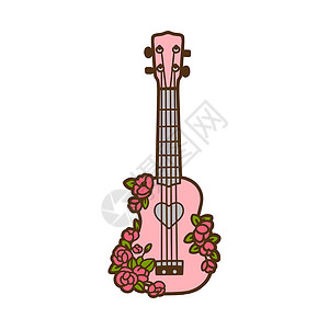 四旬期玫瑰用鲜花画出可爱的手吉他 吉他彩色图像 吉他图标插画