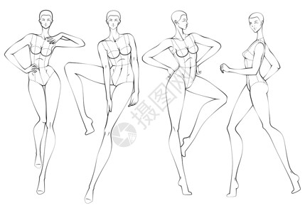 加长快充时装图十头设计模样板数字纺织品女性绘画收藏接缝人体姿势插图艺术插画