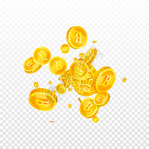泰国铢硬币下跌 黄金散落THB飞行金属成功投资货币大奖金币百万富翁财富黄色背景图片