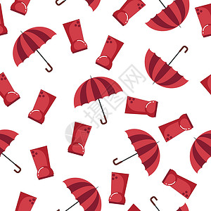 无缝秋天模式 配有红橡胶靴和雨雨雨雨伞 以平式方式与白色背景隔绝织物高清图片素材