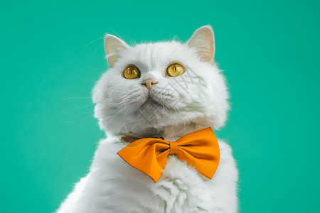 橙色眼睛白色毛皮猫的可爱肖像 用橙色领结 在松黄花黑桃背景上 工作室 豪华孤立的家庭小猫背景