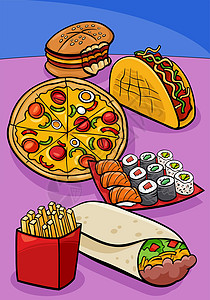 芝士寿司食品和餐盘组卡通插图寿司设计食物对象桌子漫画墙纸筹码芝士元素插画