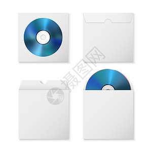 黑胶CD矢量 3d 逼真的蓝色 CD 带纸质封面的 DVD 信封 案例隔离 CD 盒 样机包装设计模板 光盘图标 顶视图圆圈小样射线黑胶插画
