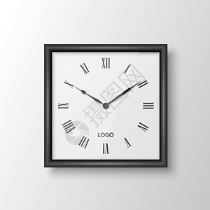 罗马墙矢量 3d 逼真方形墙壁办公室时钟与黑色框架 设计模板隔离在白色 使用罗马数字拨号 用于品牌和广告隔离的挂钟模型 钟面设计速度指设计图片