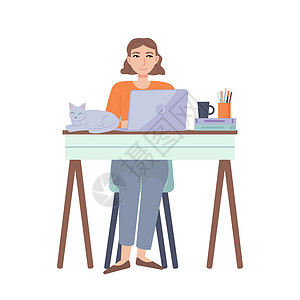 凳子上的猫在家工作的女孩 远程教育 家庭办公室 自由职业者 锁定 远程工作 在线教育 隔离概念 在白色背景上孤立的平面卡通风格的股票矢量插设计图片