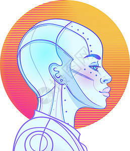 机器人脸复古未来主义风格的机器人机器人女人的画像 矢量图 在发光的霓虹灯明亮的颜色的机器人的画像 未来派合成波传单模板海报电子人插图技术插画