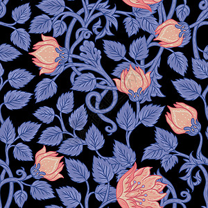 帕罗拉佛罗拉老古代的无缝模式 旧壁纸 高贵的鲜花 艺术和工艺品运动的灵感墙纸花园叶子蓝色包装插图美术植物纺织品织物插画