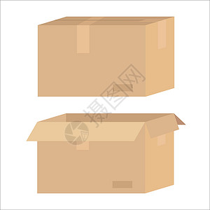 在纸板家猫棕色纸板盒打开和特写 交付 运输 邮寄概念 以平坦的卡通风格在白色背景中孤立的股票矢量插图插画