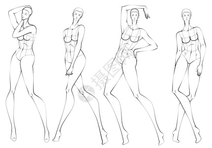 草图背景时装图十头设计模样板姿势模型插图达人接缝女性草图玩具人体女士插画