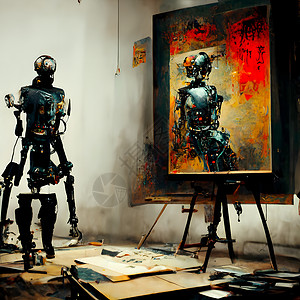 AI定义画笔摄影棚旁的人类形态机器人艺术家 在工作期间画画和油漆 神经网络Ai产生艺术 笑声插图汽车人工智能艺术品绘画平局生产工作室动物画笔背景