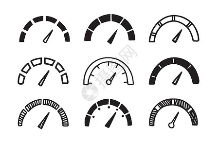 汽车仪表素材手画图案速度计 塔赫克仪图标收集 速度指示标志集涂鸦互联网测量力量宽带网络仪表时间按钮拨号插画