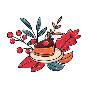 一碟蛋糕蛋糕 树叶和浆果的秋季成份插画