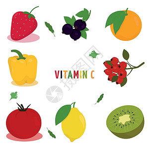 C 以含有维生素c的水果和蔬菜图像绘制的活性维生素C矢量插图背景图片