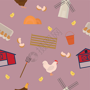 母鸡png农场主元素无缝模式 鸡 鸡圈 干粉厂 鸡蛋插画