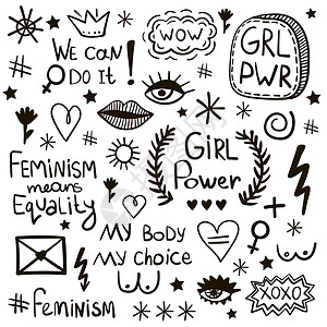 女权主义者黑人和白人女权主义符号矢量图标集插画