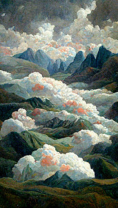 山上云彩的风景 水彩图示艺术品墙纸插图背景图片