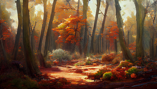 秋天美丽的地貌景观中的森林的几何图示艺术品插图墙纸橙子落叶天空树木背景图片