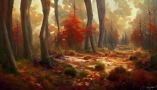 秋天美丽的地貌景观中的森林的几何图示插图橙子天空艺术品落叶墙纸树木背景图片