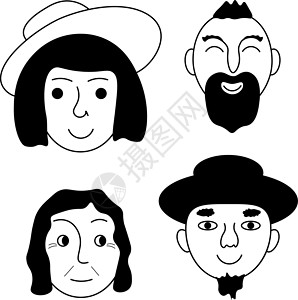 黑白人脸面孔 人脸图像 不同性别和年龄的人组成的网络 单色头像 人脸的黑白图像 白色背景上的矢量图插图情感化身女士墨水眼镜男人男性收藏卡插画