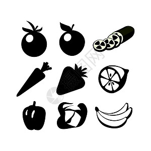 水果和蔬菜的图标柠檬饮食食物花园香蕉黑色标识胡椒黄瓜白色背景图片