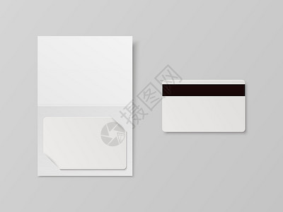 矢量 3d 逼真的白色客房 塑料酒店公寓钥匙卡 身份证 销售 带磁条的信用卡 设计模板与纸质封面案例 样机钱包 品牌 顶视图案件背景图片