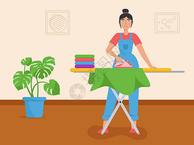 年轻的管家 一个女人在熨衣板上熨衣服 女佣服务的概念 保洁公司服务卡通片女士妻子工人琐事打扫工作木板插图房子插画