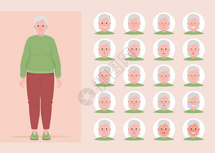 高级脸年老妇女情绪变异半平调的性格情感插画