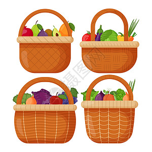 柳条制品一套野餐篮 柳条篮子里放着新鲜水果 石榴 梨 无花果 奇异果 鳄梨 芒果 平面矢量图插画