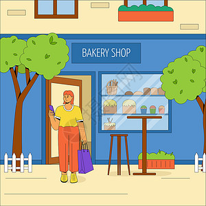 咖啡屋带有户外桌椅的城市面包店大楼 在面包店买东西的角色 夏季咖啡馆的矢量概念 平面矢量图设计图片