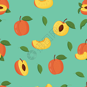 合川桃片有绿叶的橙桃无缝模式 平面矢量插图果味果汁食物标识艺术绘画饮食叶子极简主义者插画