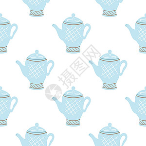 蓝漆的瓷瓷瓷茶壶无缝模式背景图片