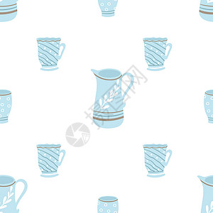 瓷杯子蓝色油漆的瓷锅和杯子无缝插画