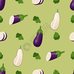切开蔬菜茄子切开无缝模式 Flat 矢量插图生态艺术果汁饮食蔬菜种子卡通片水果食物横幅插画