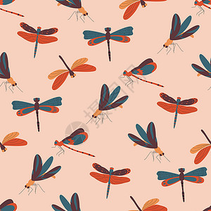 佰式蜻蜓带多彩翅膀的美丽的小蝶 无缝模式 平坦矢量插图传单蜻蜓动物生态动物群曲线生物学昆虫草图水彩插画