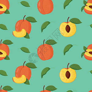 合川桃片有绿叶的橙桃无缝模式 平面矢量插图艺术果味卡通片苹果片甜点生态水果饮食极简横幅插画