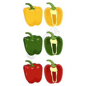 辣椒叶子在白色背景上隔离的红色 黄色和绿色胡椒系列 平面矢量插图插画