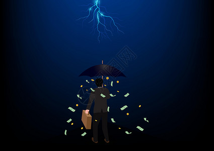 商业保护和避税作为商务人士拿着一把风雨如磐的蓝色雨伞和上面的闪电是安全压力和金融风险缓解思想的隐喻设计图片