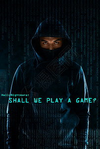 黑客海报素材猜猜看谁在网上监视你 一个凶恶的电脑黑客假扮着黑暗背景 在工作室里出现背景
