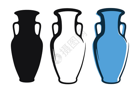 三个花瓶蓝色矢量双耳瓶图像和白色和黑色背景中的轮廓以平面样式隔离插画